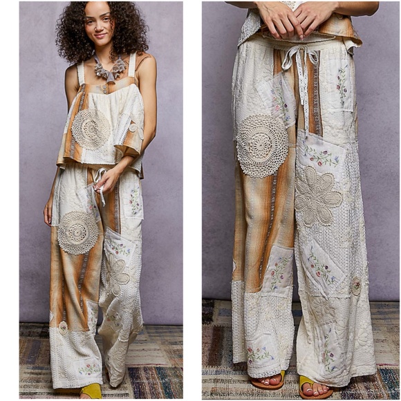 POL Floral Crochet Embroidered Color Block Stretchy Drawstring Waist Pants - Picture 3 of 3